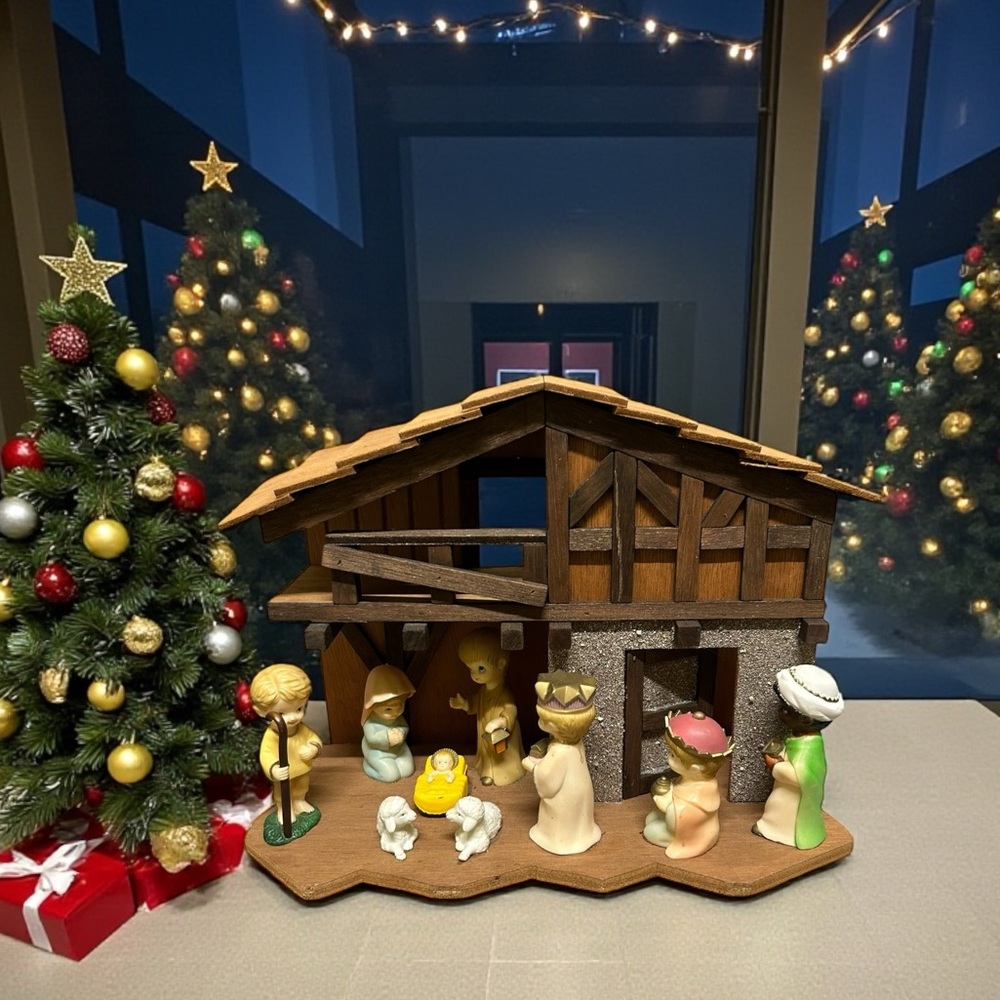 1960s Hong Kong Wood Creche Nativity Plastic Figures